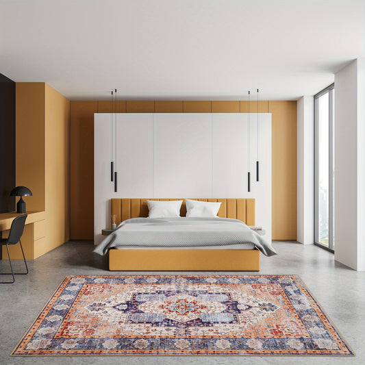 Bohemian Tribal Faux Furry Print Mat - Machine Washable Anti-Slip Indoor Mat, Traditional Design with Vibrant Colors, Durable TPR & Polyester Blend for Living Room, Bedroom, Office, Porch Entryway Home Decor, Bedroom Enhancement