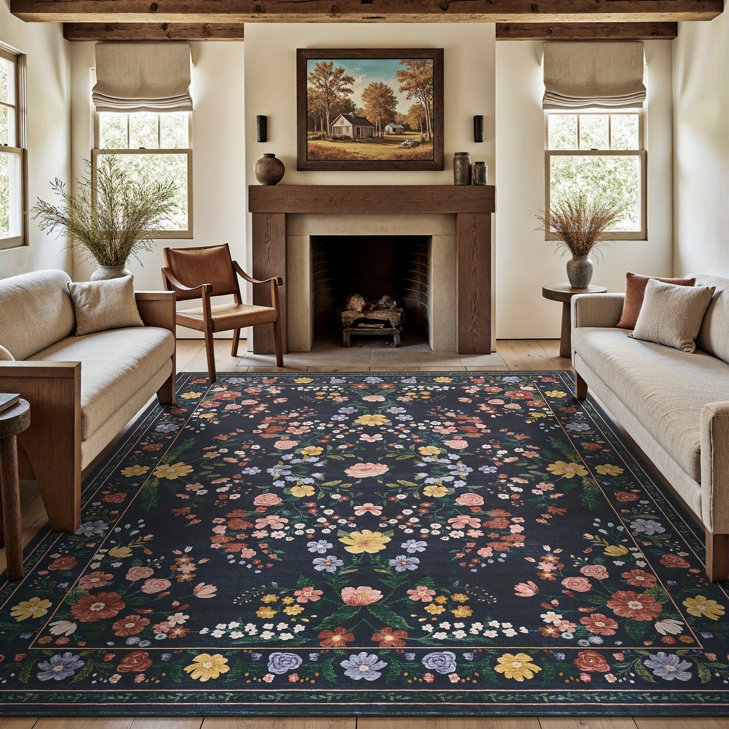 1pc Vintage Floral Mat - Non-Slip, Machine Washable Low Pile Runner for Kitchen, Living Room, Bedroom, Dining Room, Playroom - Boho Style 2x3 Entryway Mat, 2x6 Runner, 8x10 Large Area Indoor Mat - Kids & Pets Friendly In Beige, Green, Black & Pink