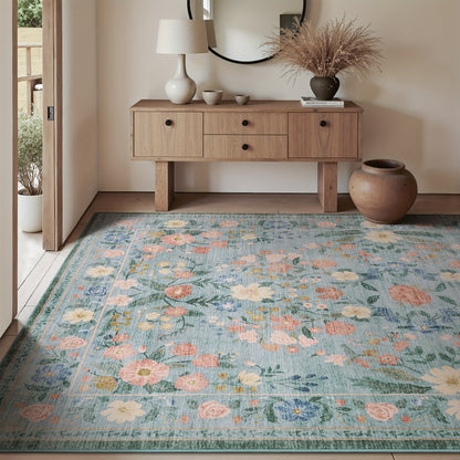 1pc Vintage Floral Mat - Non-Slip, Machine Washable Low Pile Runner for Kitchen, Living Room, Bedroom, Dining Room, Playroom - Boho Style 2x3 Entryway Mat, 2x6 Runner, 8x10 Large Area Indoor Mat - Kids & Pets Friendly In Beige, Green, Black & Pink