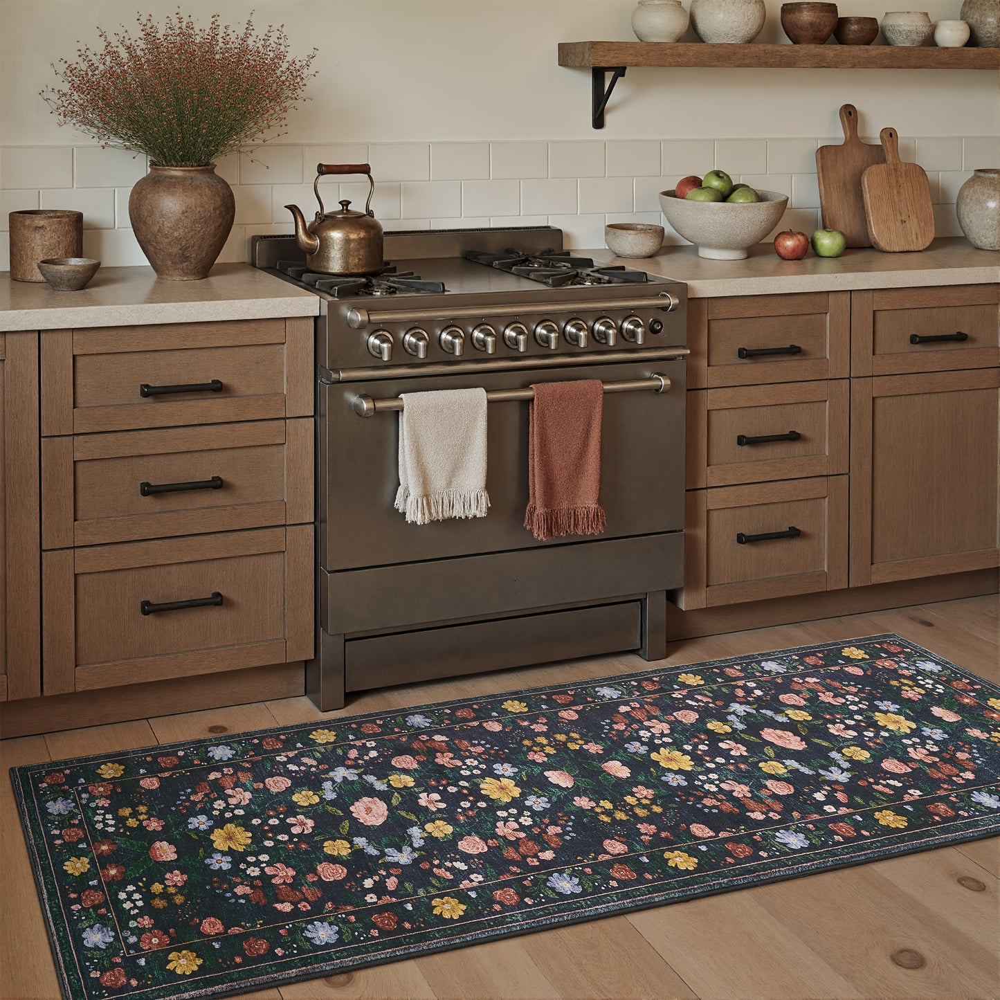 1pc Vintage Floral Mat - Non-Slip, Machine Washable Low Pile Runner for Kitchen, Living Room, Bedroom, Dining Room, Playroom - Boho Style 2x3 Entryway Mat, 2x6 Runner, 8x10 Large Area Indoor Mat - Kids & Pets Friendly In Beige, Green, Black & Pink