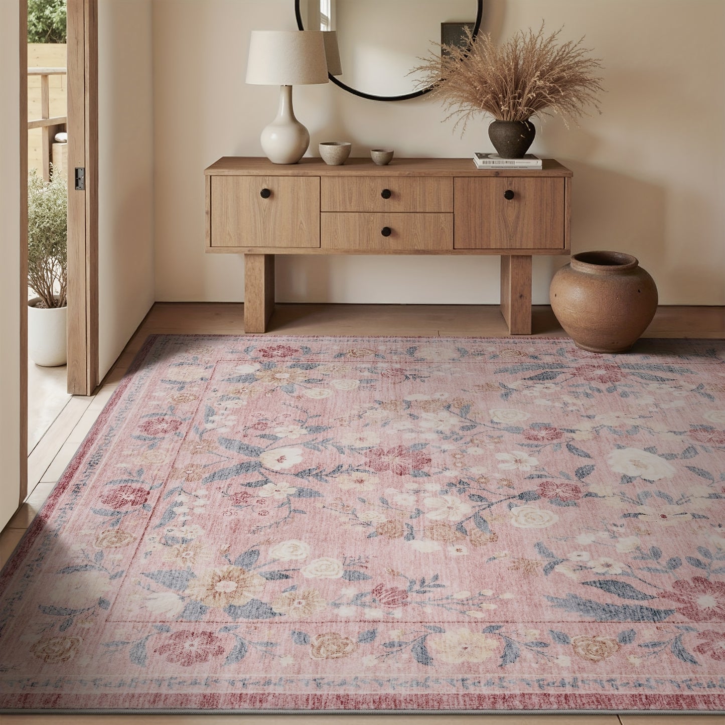 1pc Vintage Floral Mat - Non-Slip, Machine Washable Low Pile Runner for Kitchen, Living Room, Bedroom, Dining Room, Playroom - Boho Style 2x3 Entryway Mat, 2x6 Runner, 8x10 Large Area Indoor Mat - Kids & Pets Friendly In Beige, Green, Black & Pink