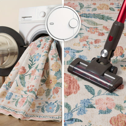 1pc Vintage Floral Mat - Non-Slip, Machine Washable Low Pile Runner for Kitchen, Living Room, Bedroom, Dining Room, Playroom - Boho Style 2x3 Entryway Mat, 2x6 Runner, 8x10 Large Area Indoor Mat - Kids & Pets Friendly In Beige, Green, Black & Pink