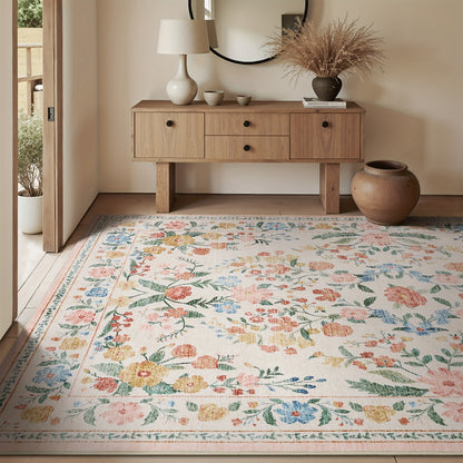 1pc Vintage Floral Mat - Non-Slip, Machine Washable Low Pile Runner for Kitchen, Living Room, Bedroom, Dining Room, Playroom - Boho Style 2x3 Entryway Mat, 2x6 Runner, 8x10 Large Area Indoor Mat - Kids & Pets Friendly In Beige, Green, Black & Pink