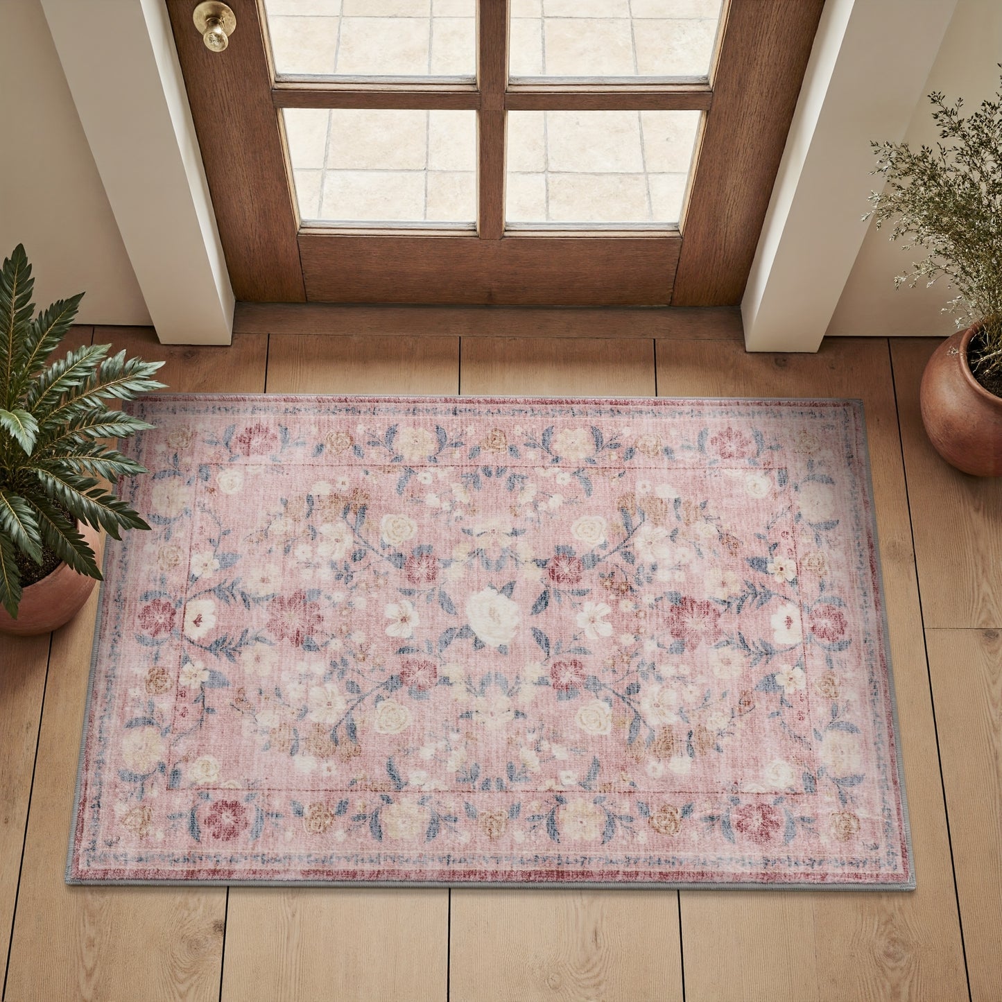 1pc Vintage Floral Mat - Non-Slip, Machine Washable Low Pile Runner for Kitchen, Living Room, Bedroom, Dining Room, Playroom - Boho Style 2x3 Entryway Mat, 2x6 Runner, 8x10 Large Area Indoor Mat - Kids & Pets Friendly In Beige, Green, Black & Pink