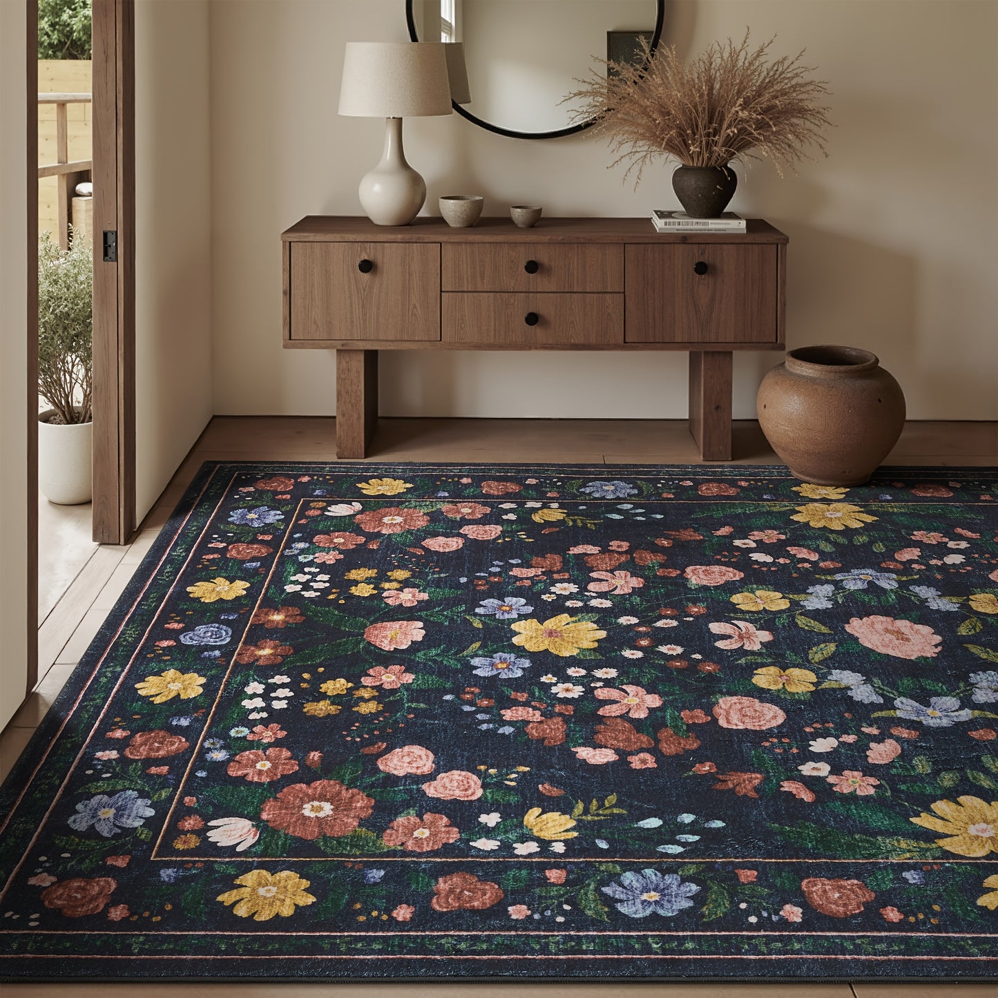 1pc Vintage Floral Mat - Non-Slip, Machine Washable Low Pile Runner for Kitchen, Living Room, Bedroom, Dining Room, Playroom - Boho Style 2x3 Entryway Mat, 2x6 Runner, 8x10 Large Area Indoor Mat - Kids & Pets Friendly In Beige, Green, Black & Pink